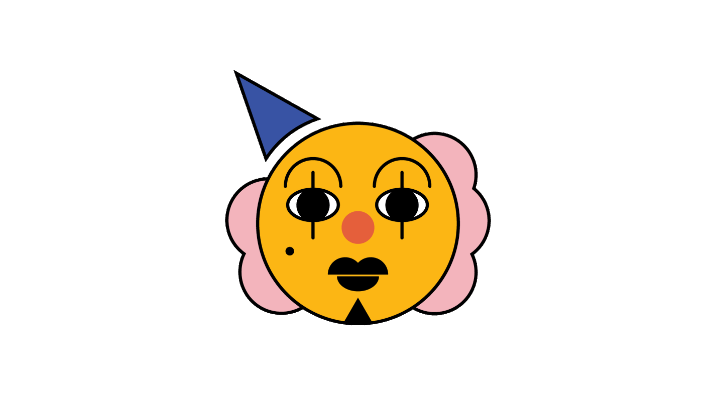 Orange clown with pink hair wearing a blue hat.